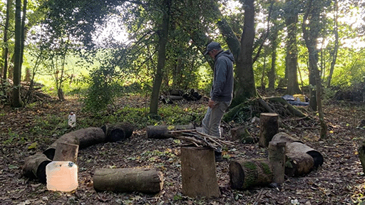 Ro standing in the centre of a circle of logs.